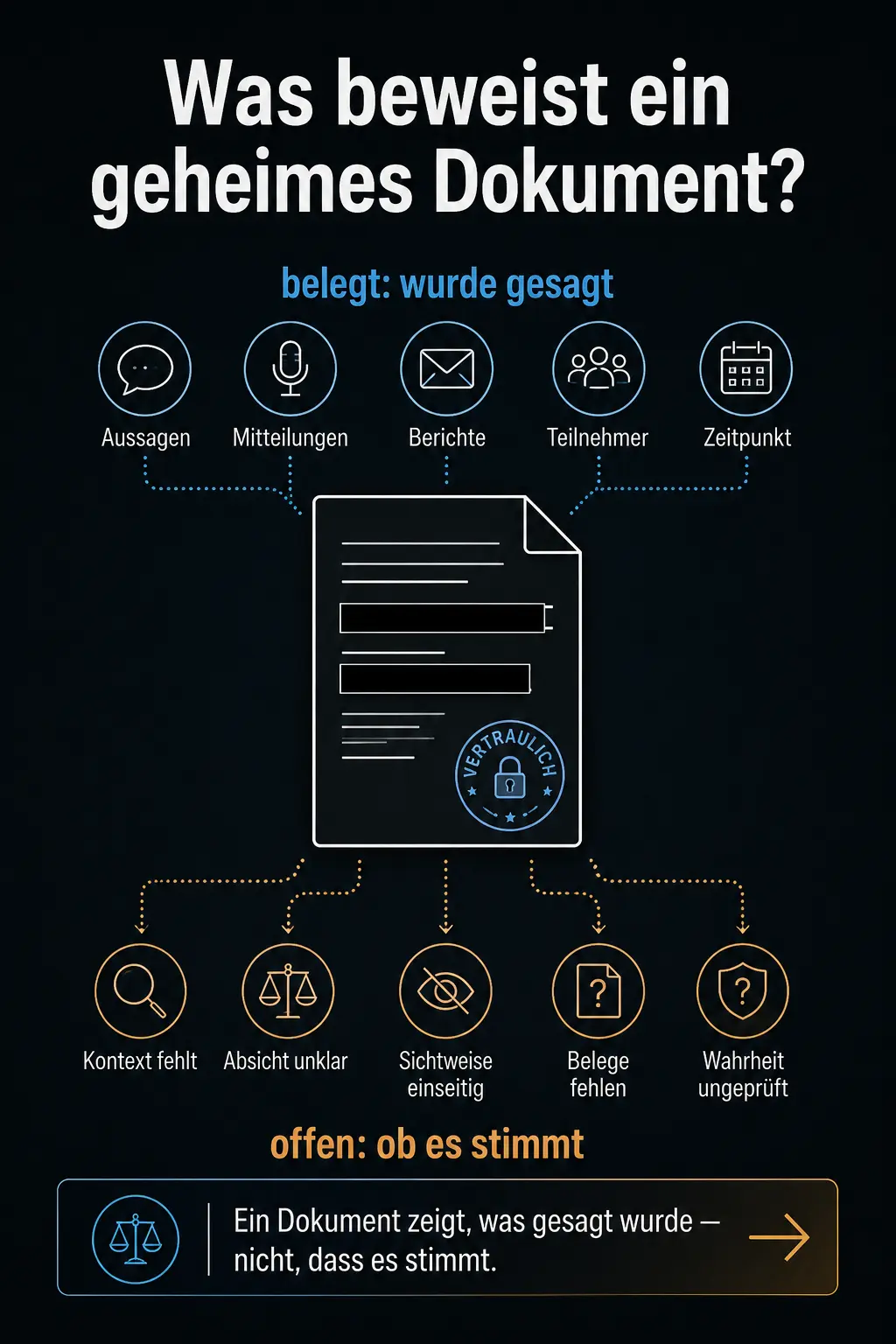Infografik: ein geschwärztes Dokument mit Siegel, links „belegt: wurde gesagt“, rechts „offen: ob es stimmt“ — mit dem Ausblick, dass ein Dokument zeigt, was gesagt wurde, nicht, dass es stimmt.