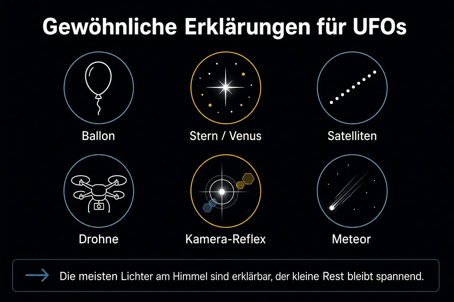 Infografik: eine Galerie der üblichen Verdächtigen — Ballon, Stern/Venus, Satelliten-Kette, Drohne, Kamera-Reflex und Meteor — mit dem Ausblick, dass die meisten Lichter am Himmel erklärbar sind und der kleine Rest spannend bleibt.