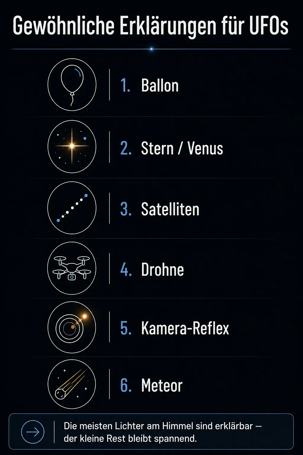 Infografik: eine Galerie der üblichen Verdächtigen — Ballon, Stern/Venus, Satelliten-Kette, Drohne, Kamera-Reflex und Meteor — mit dem Ausblick, dass die meisten Lichter am Himmel erklärbar sind und der kleine Rest spannend bleibt.