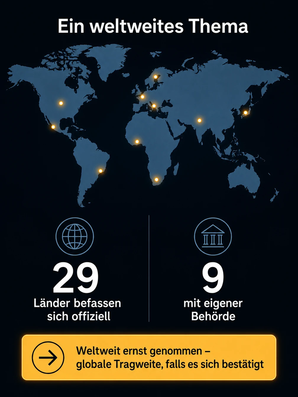 Infografik: Eine Weltkarte mit forschenden Ländern — 29 Staaten befassen sich offiziell mit dem Phänomen, neun mit eigener Behörde — mit dem Ausblick auf globale Tragweite, falls es sich bestätigt.