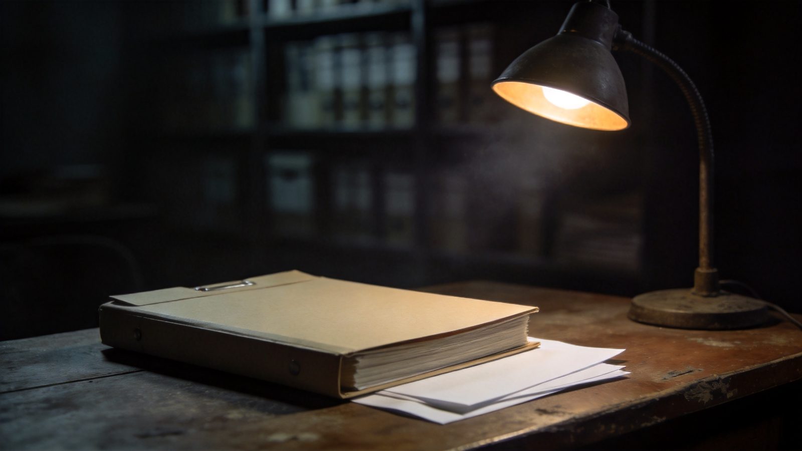 Atmospheric image: a closed file folder with loose papers on an old wooden desk under a desk lamp, blurred archive shelves behind — an official report as a checkable source.