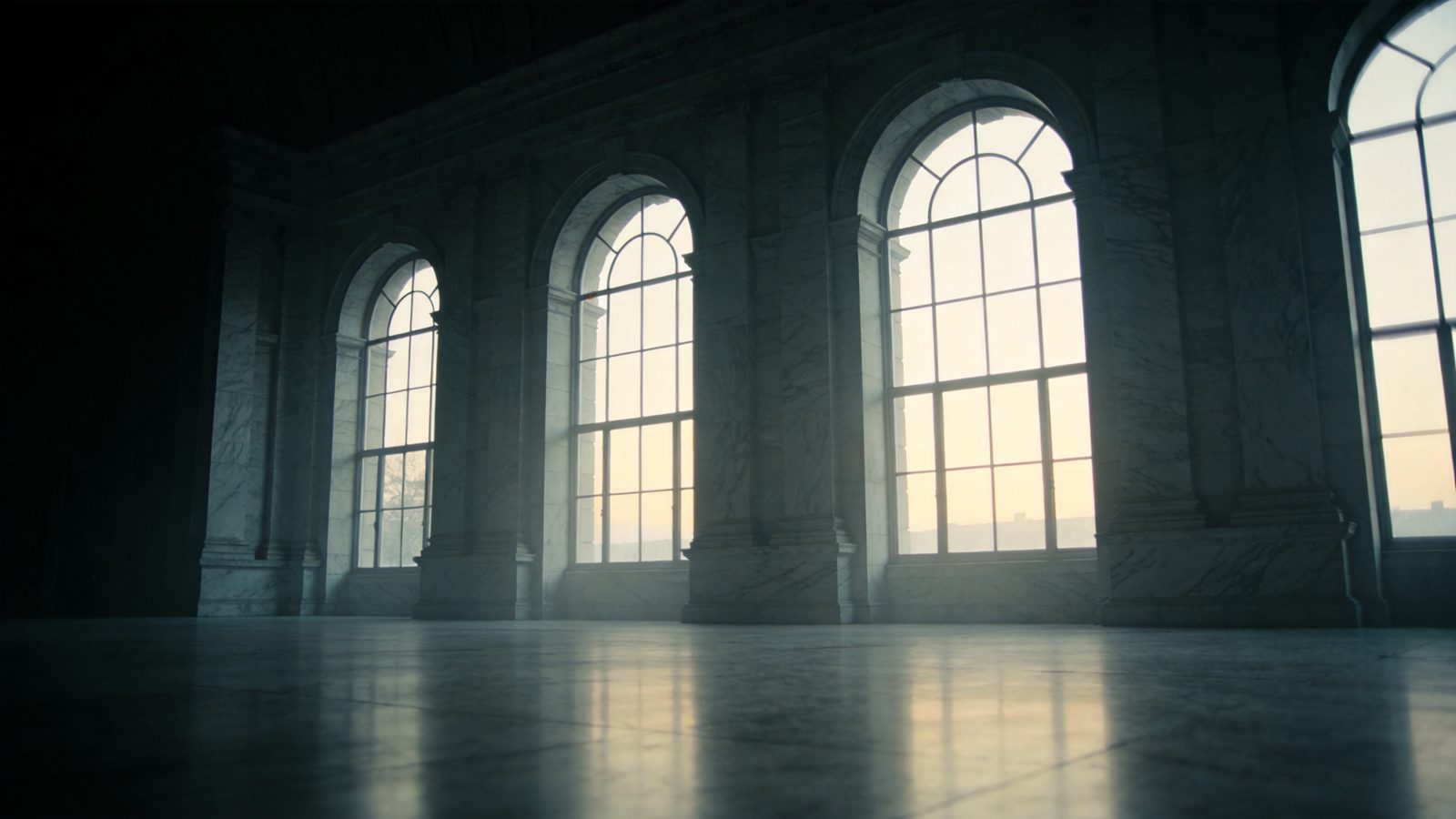 Atmospheric image: an empty marble hall with tall arched windows through which cold morning light falls — symbolic of the open question that remains.