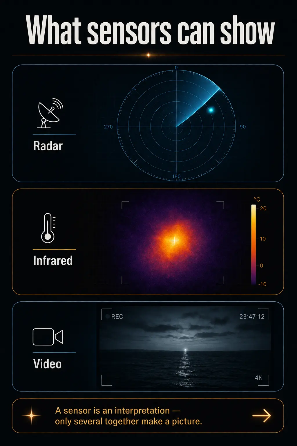 Infographic: the same object in three sensor views — radar, infrared, video — with the outlook that a sensor is an interpretation and only several together make a picture.