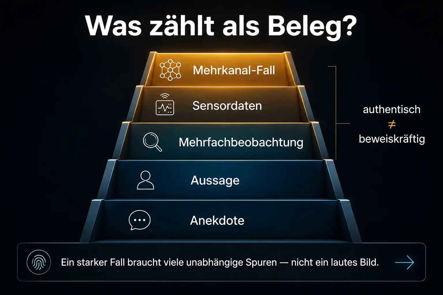 Infografik: eine aufsteigende Evidenzleiter von „Anekdote“ über „Aussage“, „Mehrfachbeobachtung“ und „Sensordaten“ bis zum „Mehrkanal-Fall“ — mit dem Hinweis „authentisch ≠ beweiskräftig“ und dem Ausblick, dass ein starker Fall viele unabhängige Spuren braucht, nicht ein lautes Bild.