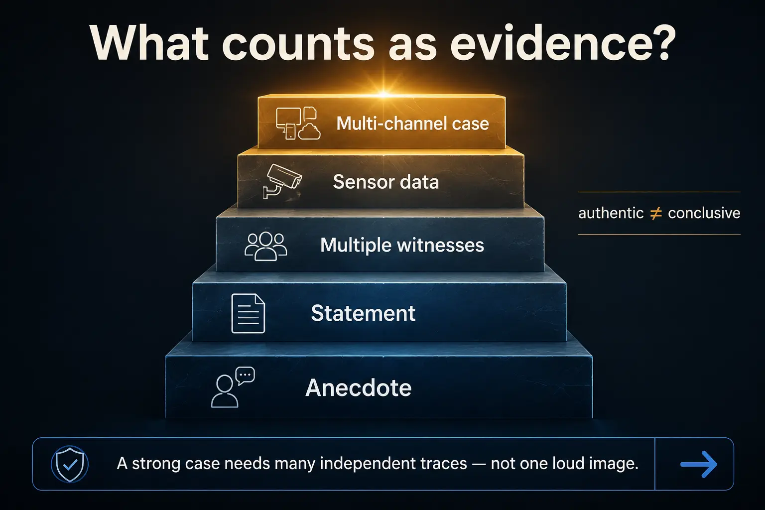 Infographic: an ascending evidence ladder from “anecdote” through “statement”, “multiple witnesses” and “sensor data” up to the “multi-channel case” — with the note “authentic ≠ conclusive” and the outlook that a strong case needs many independent traces, not one loud image.