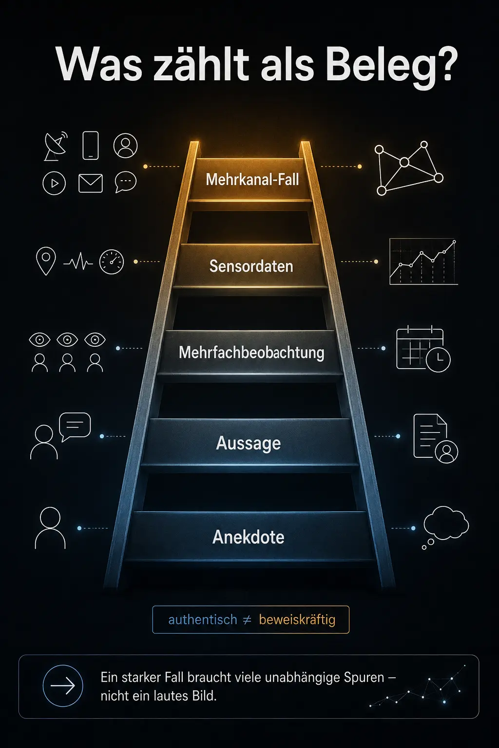 Infografik: eine aufsteigende Evidenzleiter von „Anekdote“ über „Aussage“, „Mehrfachbeobachtung“ und „Sensordaten“ bis zum „Mehrkanal-Fall“ — mit dem Hinweis „authentisch ≠ beweiskräftig“ und dem Ausblick, dass ein starker Fall viele unabhängige Spuren braucht, nicht ein lautes Bild.