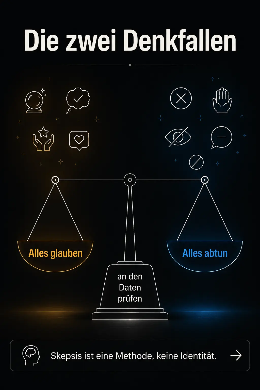 Infografik: eine Waage mit den zwei Denkfallen — links „Alles glauben“, rechts „Alles abtun“ — und in der Mitte der Angelpunkt „an den Daten prüfen“, mit dem Ausblick, dass Skepsis eine Methode ist und keine Identität.
