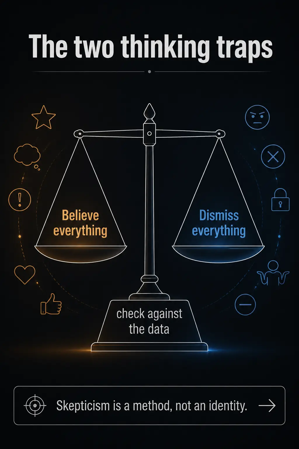 Infographic: a balance scale with the two thinking traps — left “believe everything,” right “dismiss everything” — and at the centre the fulcrum “check against the data,” with the outlook that skepticism is a method, not an identity.